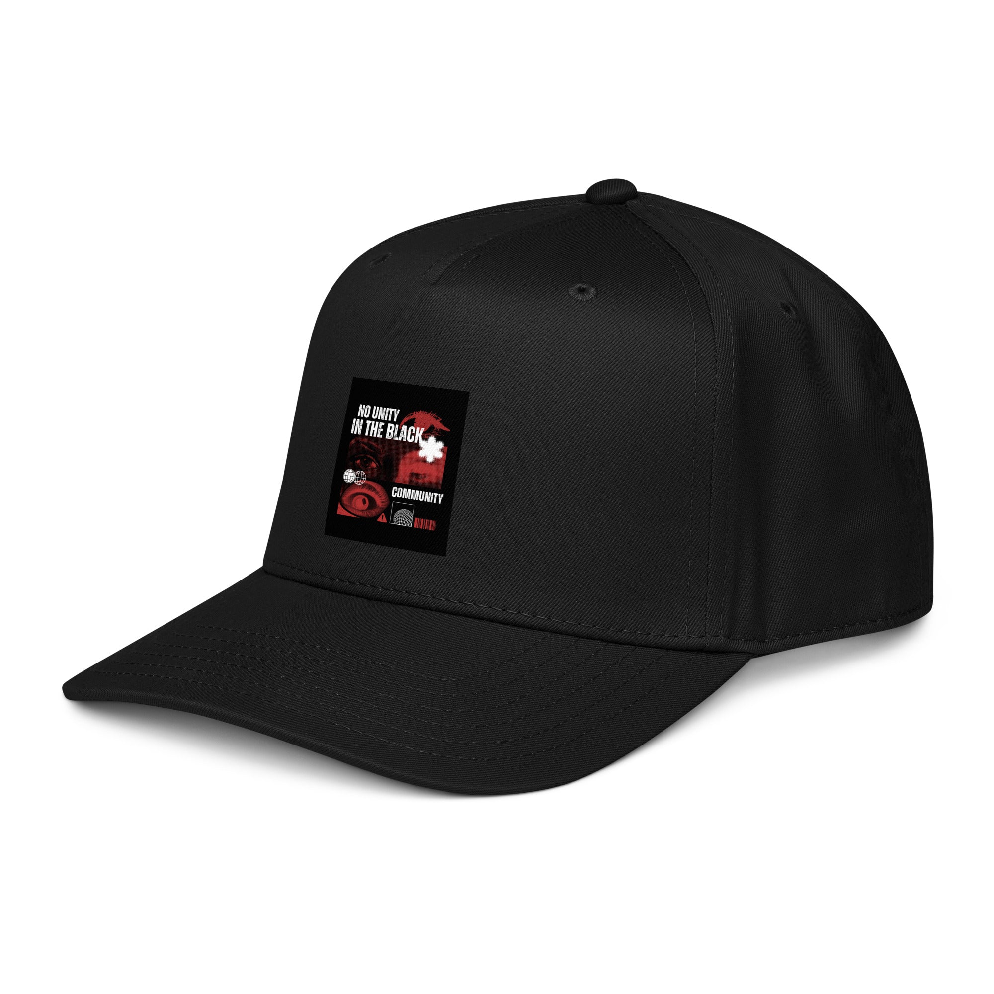 Black 5-panel cap side view with front graphic patch