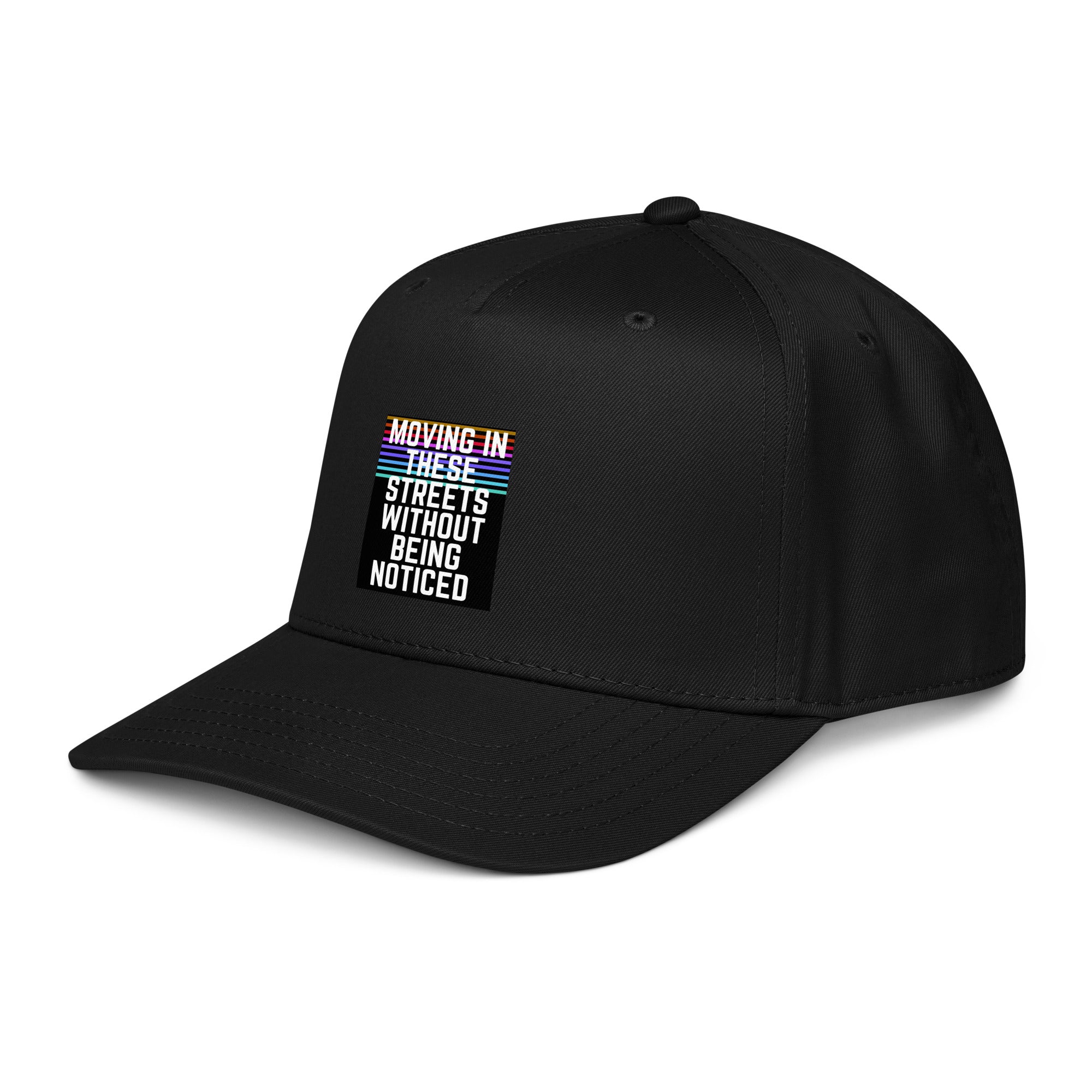Black 5-panel cap with side graphic text and curved brim
