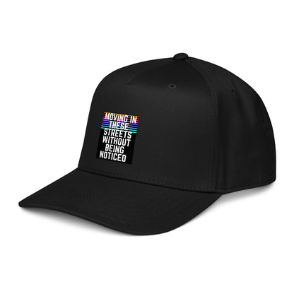 Black 5-panel cap with side graphic text and curved brim
