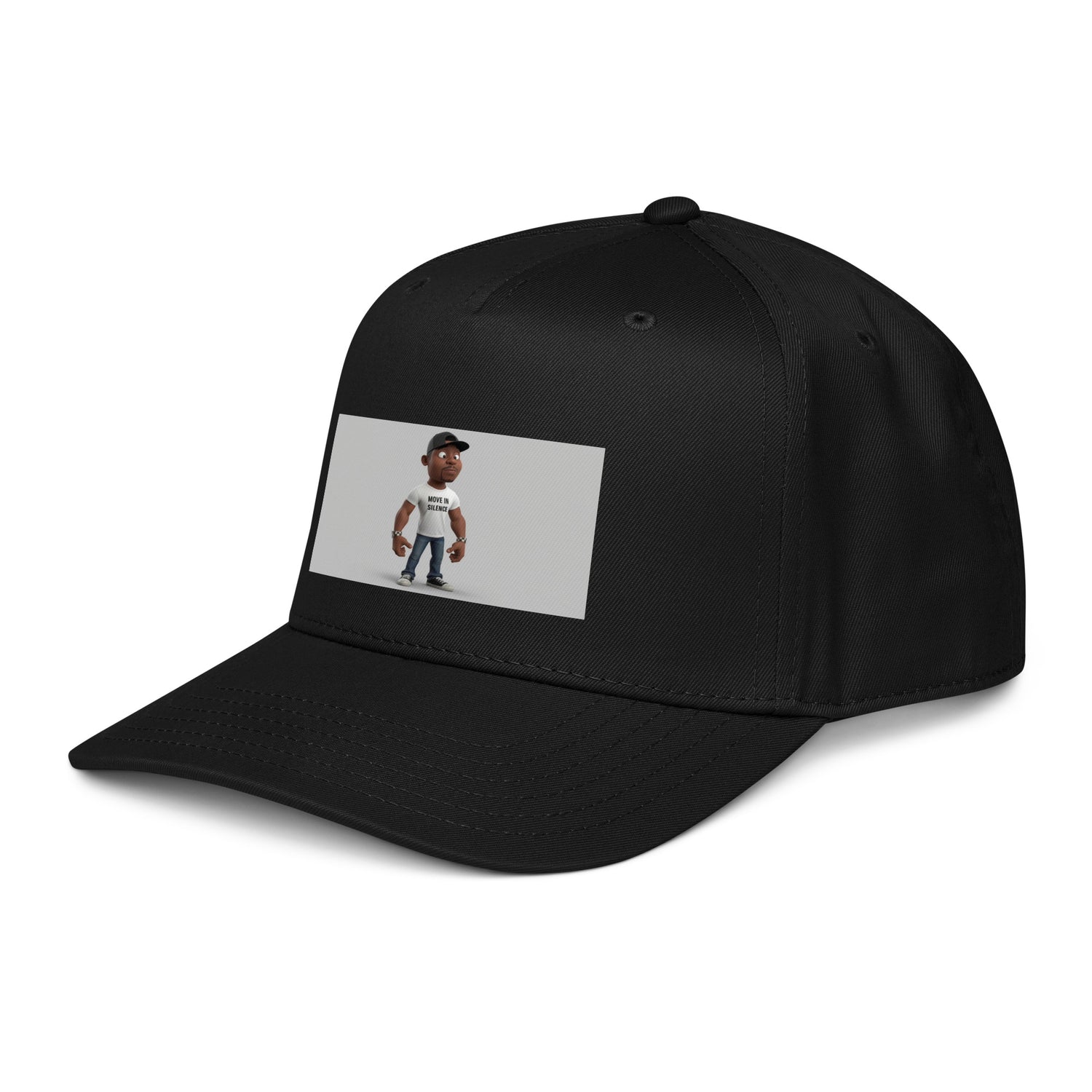 Black 5 panel cap with curved brim and front logo graphic