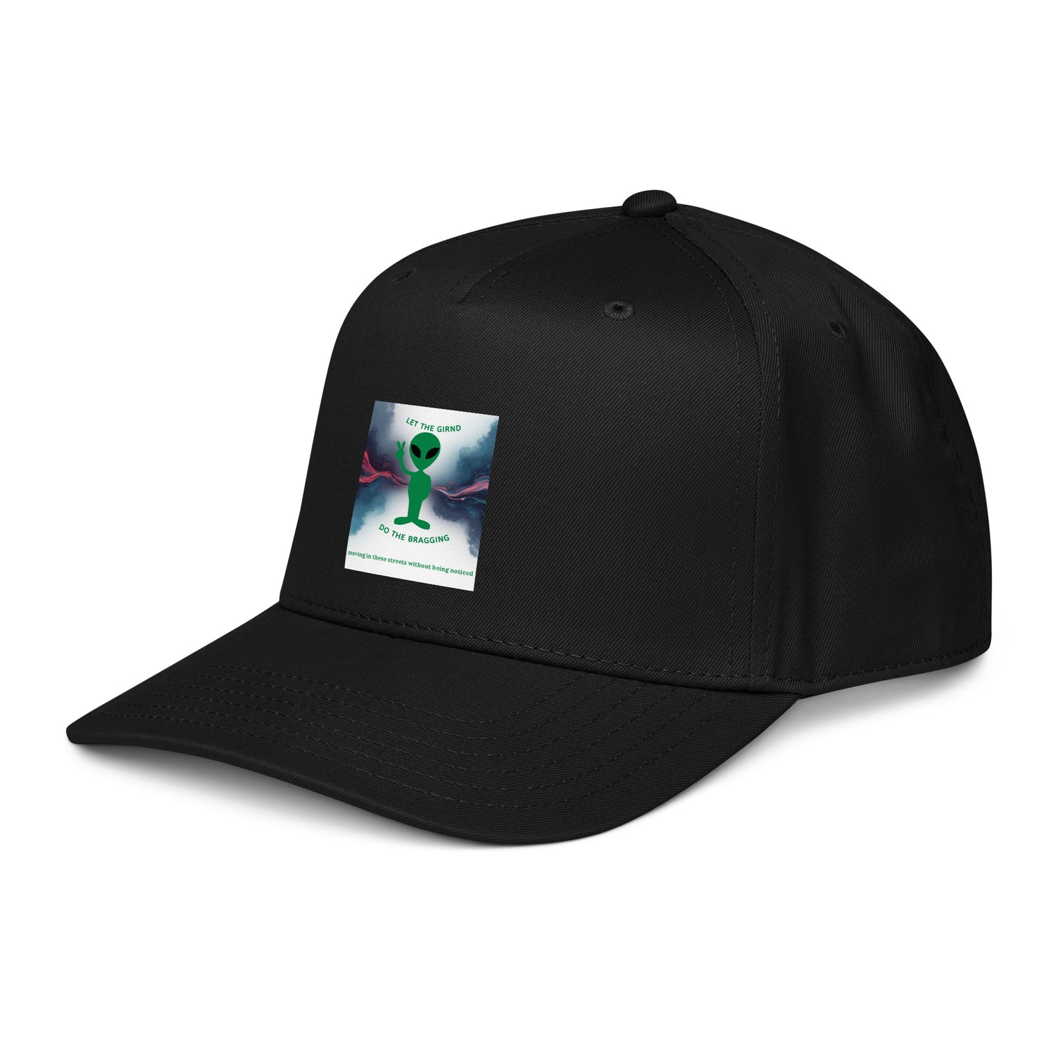 Black 5-panel cap with front alien-style graphic patch