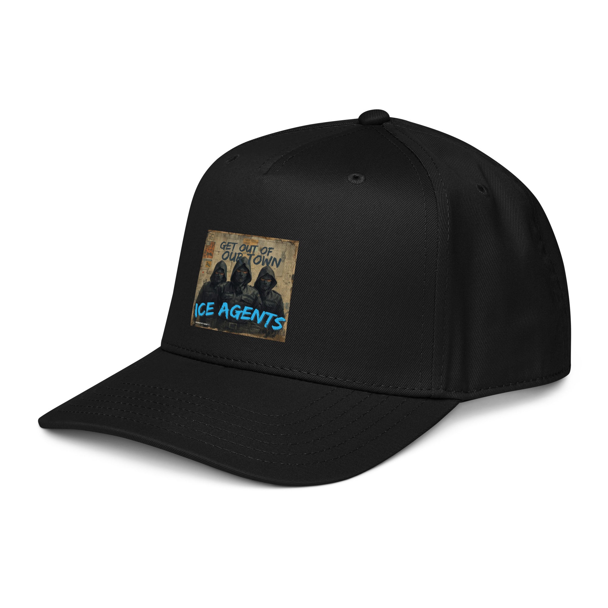5-panel cap in black with side graphic patch reading “ICE AGENTS”