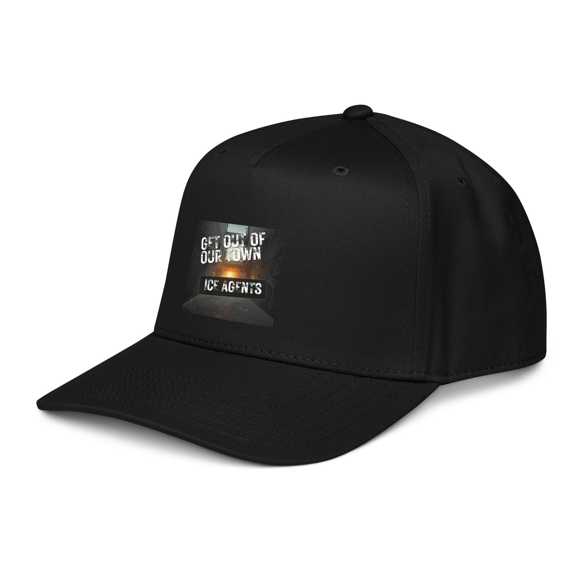 Black 5-panel cap with side graphic patch and curved brim