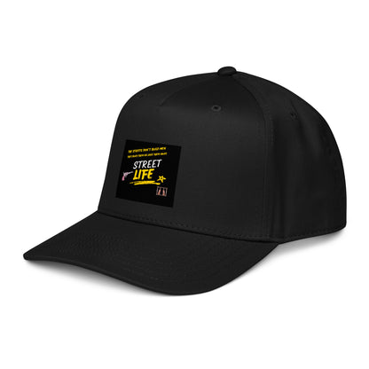 Black 5-panel cap side view with front logo patch and curved brim.