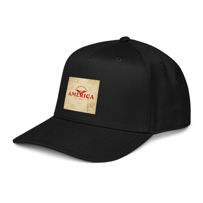 Black 5-panel cap side view with America graphic patch on crown