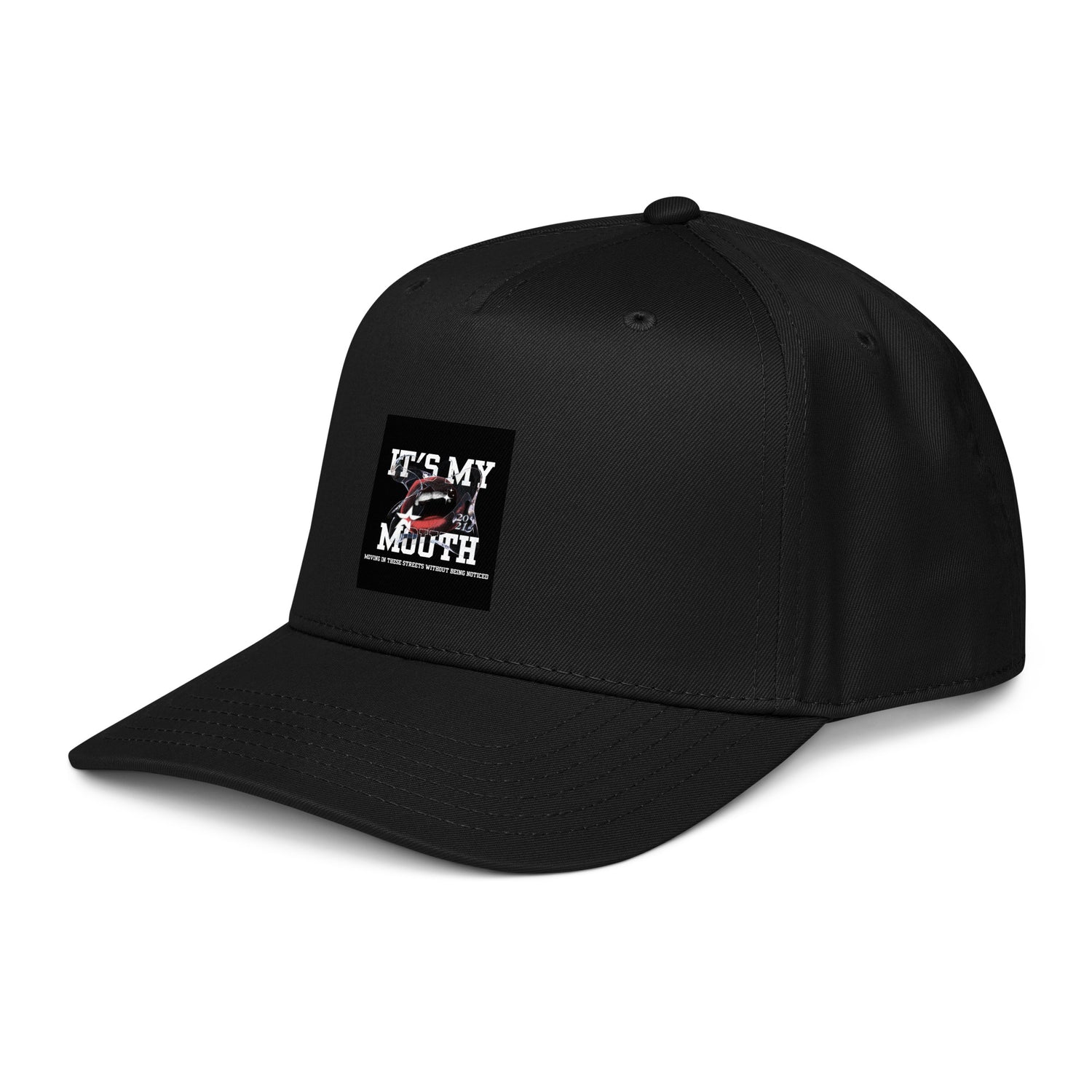 5-panel cap side view with square graphic logo patch, black