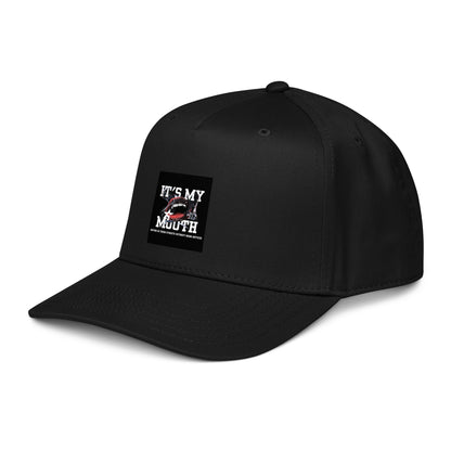 5-panel cap side view with square graphic logo patch, black