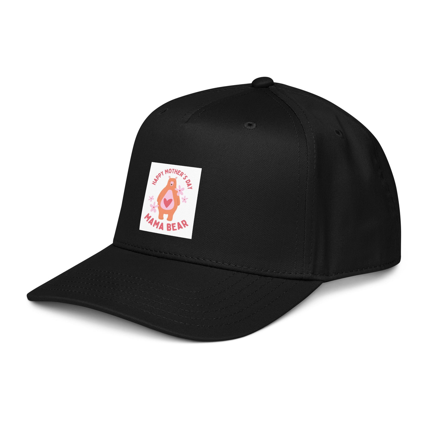 Black 5-Panel cap angled view, Mama Bear front graphic patch