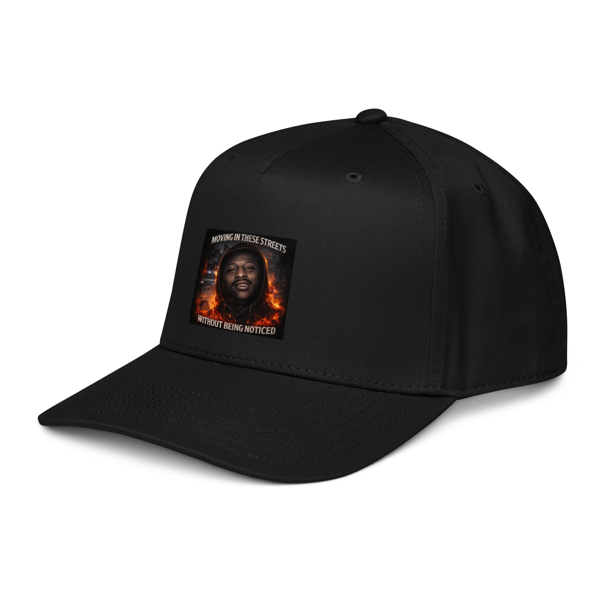 Black 5-panel cap side profile with front graphic patch