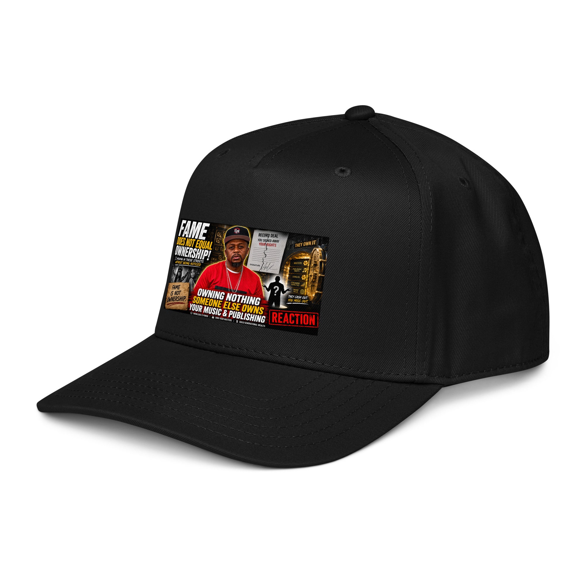 Black 5-panel baseball cap with front graphic logo patch angled view