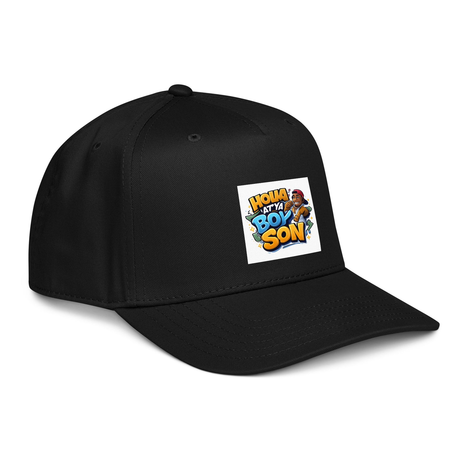 Black Holla At Ya Boy Son 5-panel cap, side angle with front logo patch