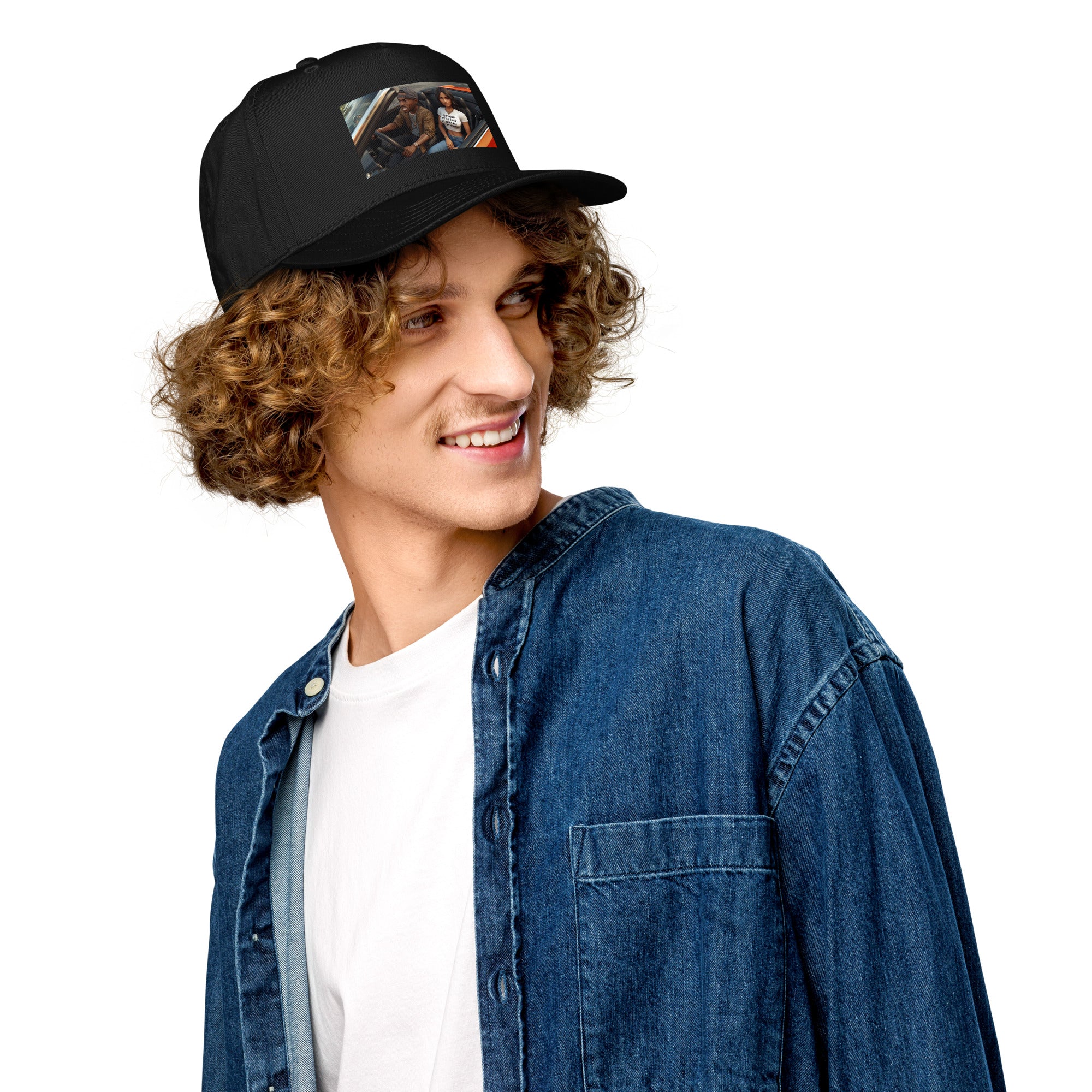 Black 5-panel cap angled view with front patch graphic