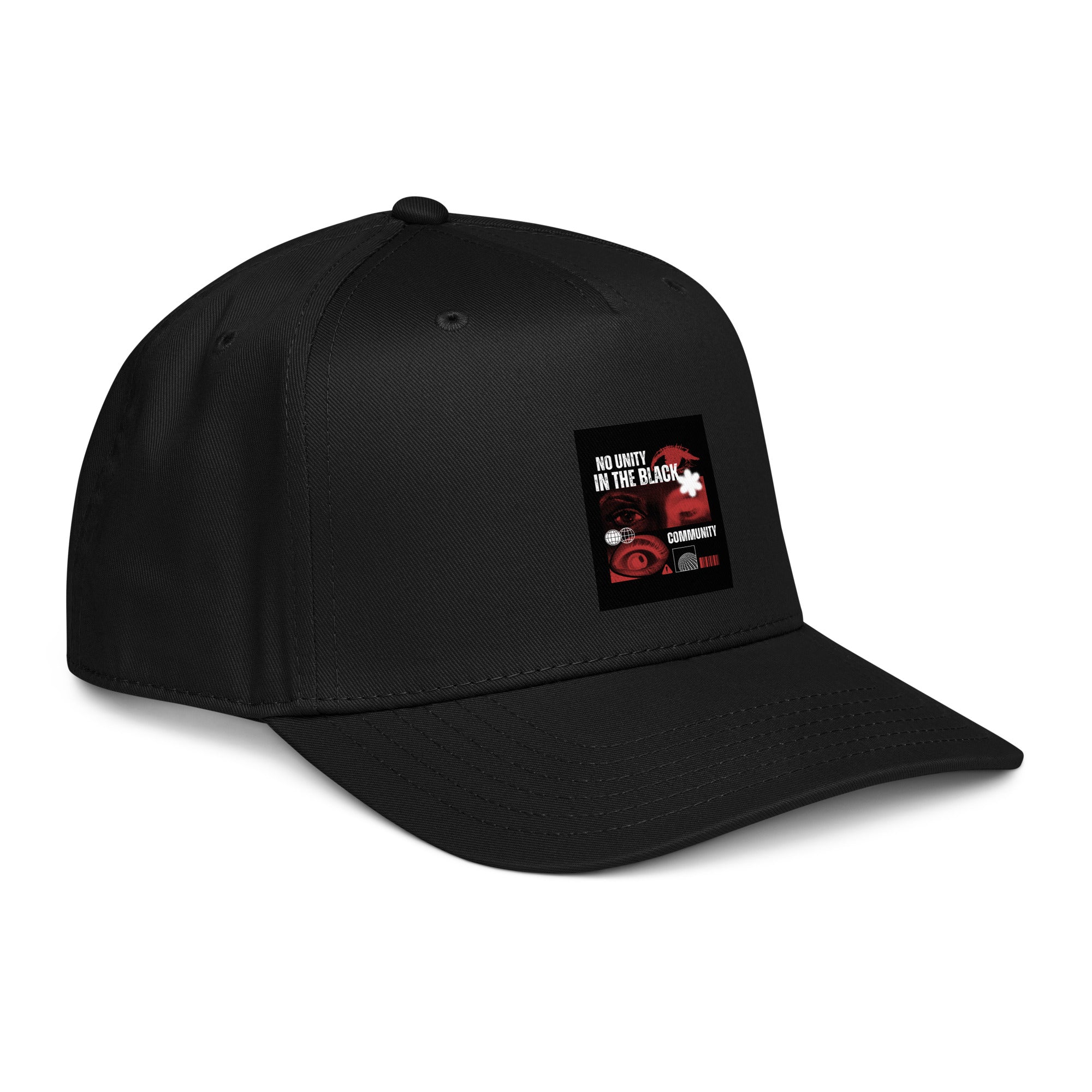 Black 5-panel cap angled view with front graphic patch