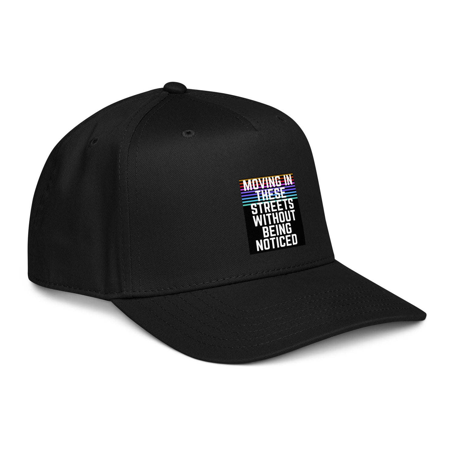 Black 5-panel cap, angled side view showing front-side graphic