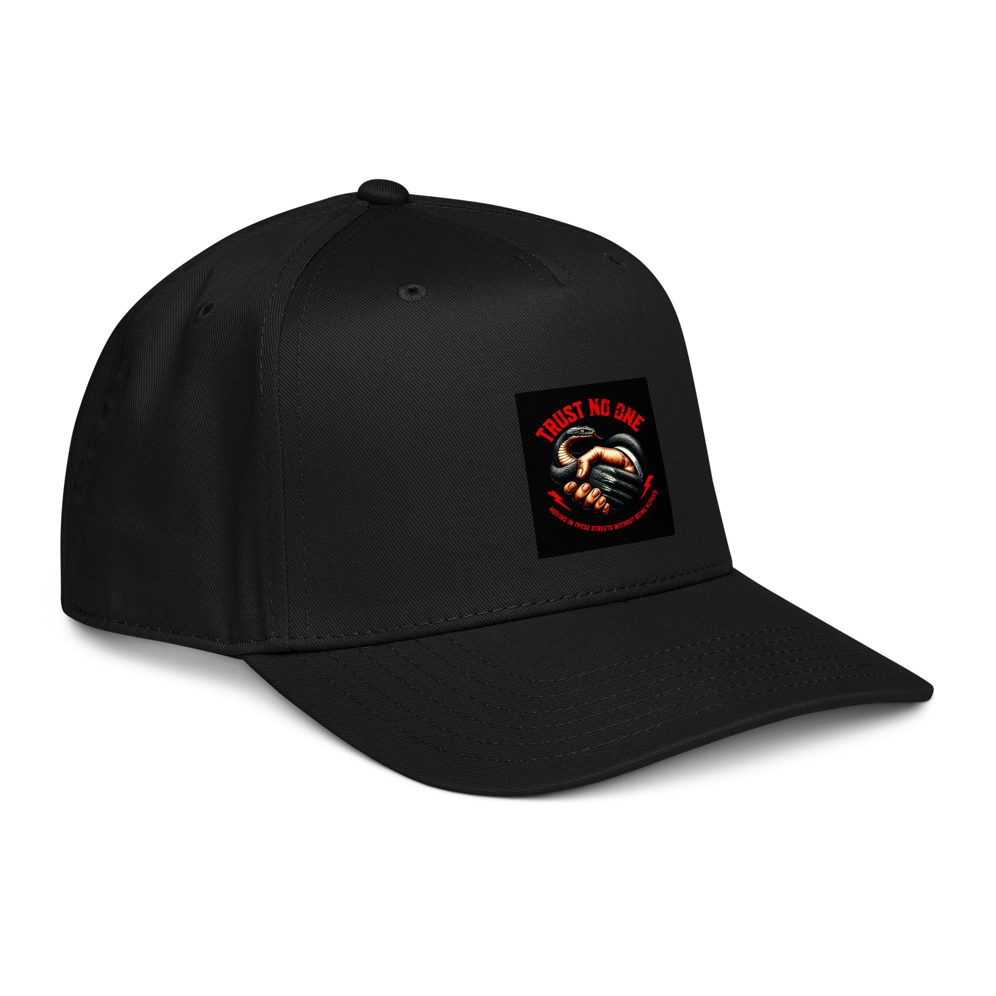 Trust No One 5-panel cap, Black, diagonal side with front logo patch
