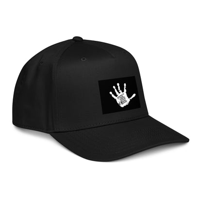 Black 5-panel cap angled view with front-side logo patch