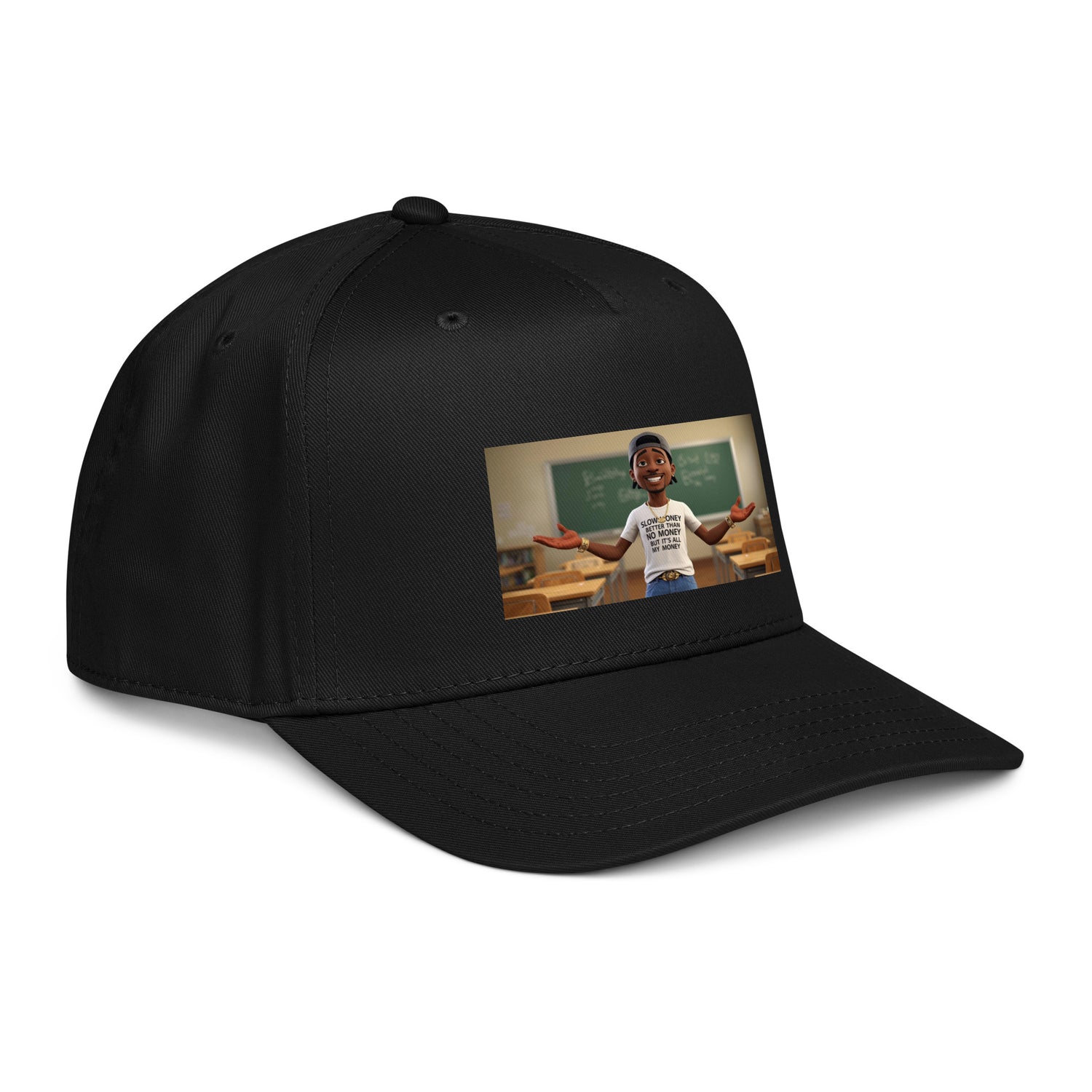 Black 5-Panel cap, side/front view with small rectangular graphic