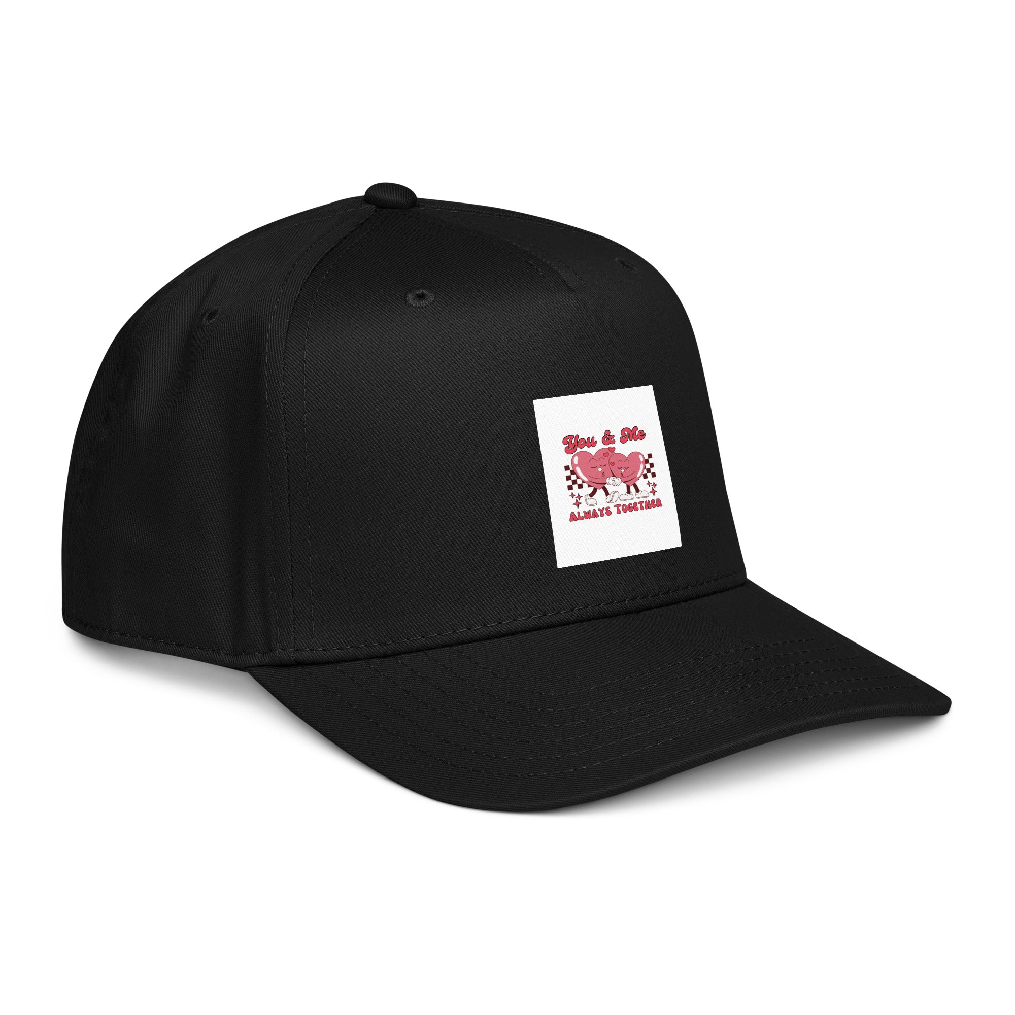 Black 5-panel cap side view with logo patch and curved brim