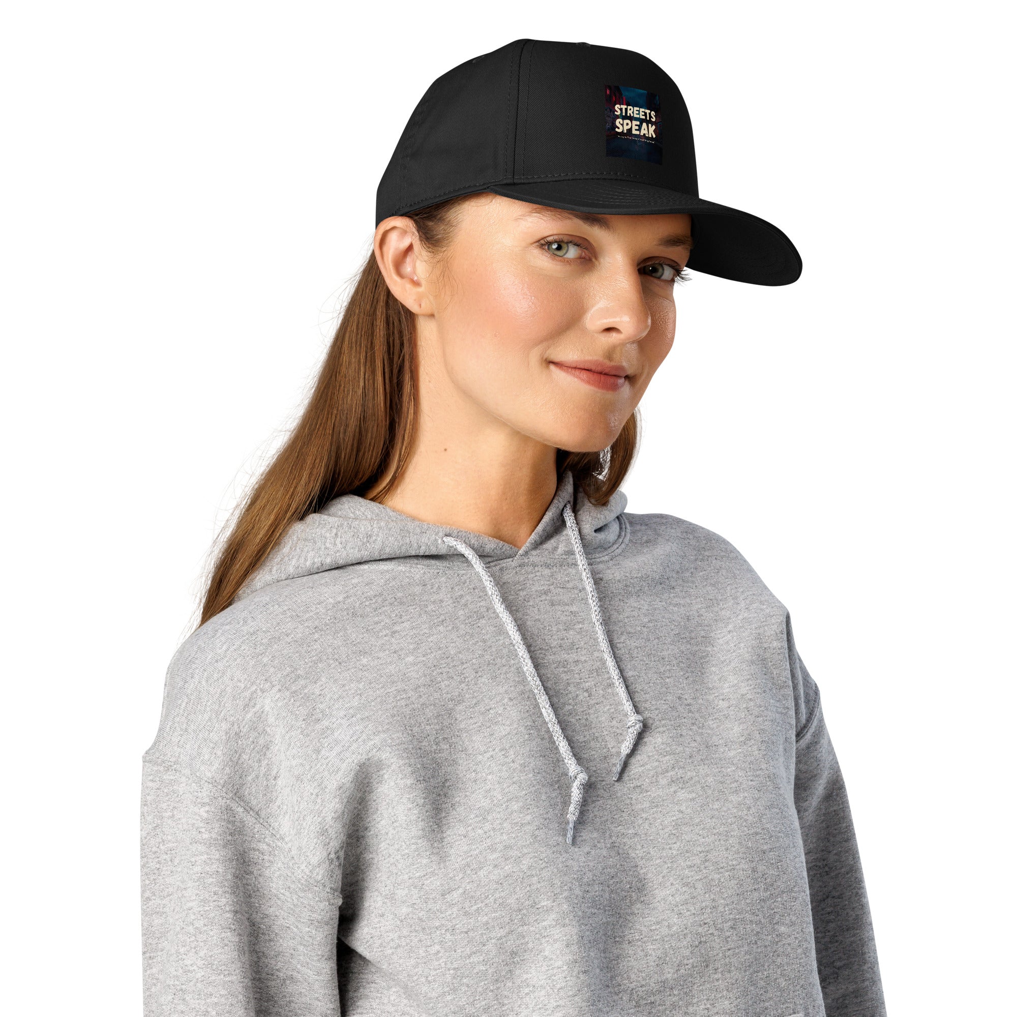 Black 5-panel cap with front logo patch and curved brim