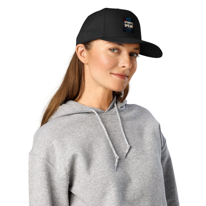 Black 5-panel cap with front logo patch and curved brim