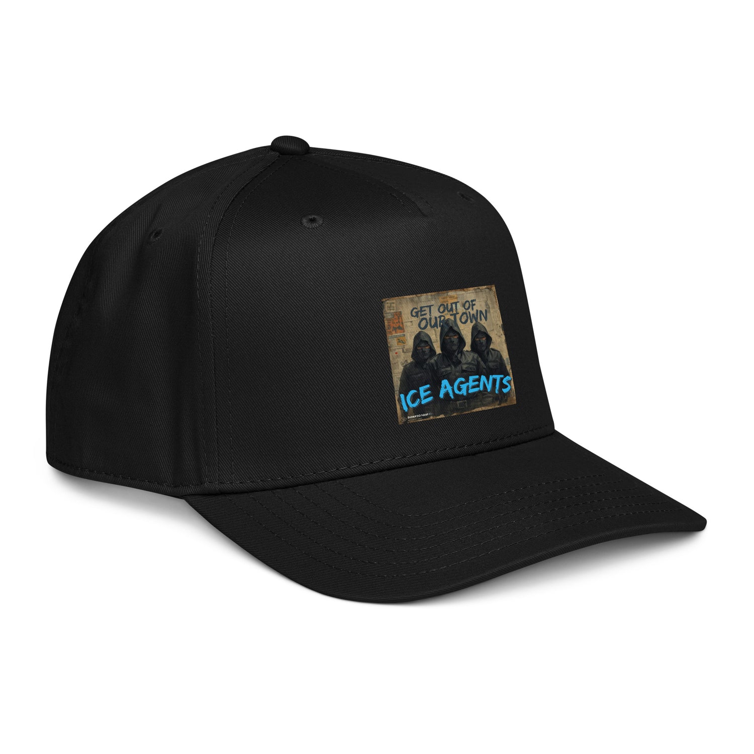 5-panel cap black with front corner view of the graphic patch “ICE AGENTS”