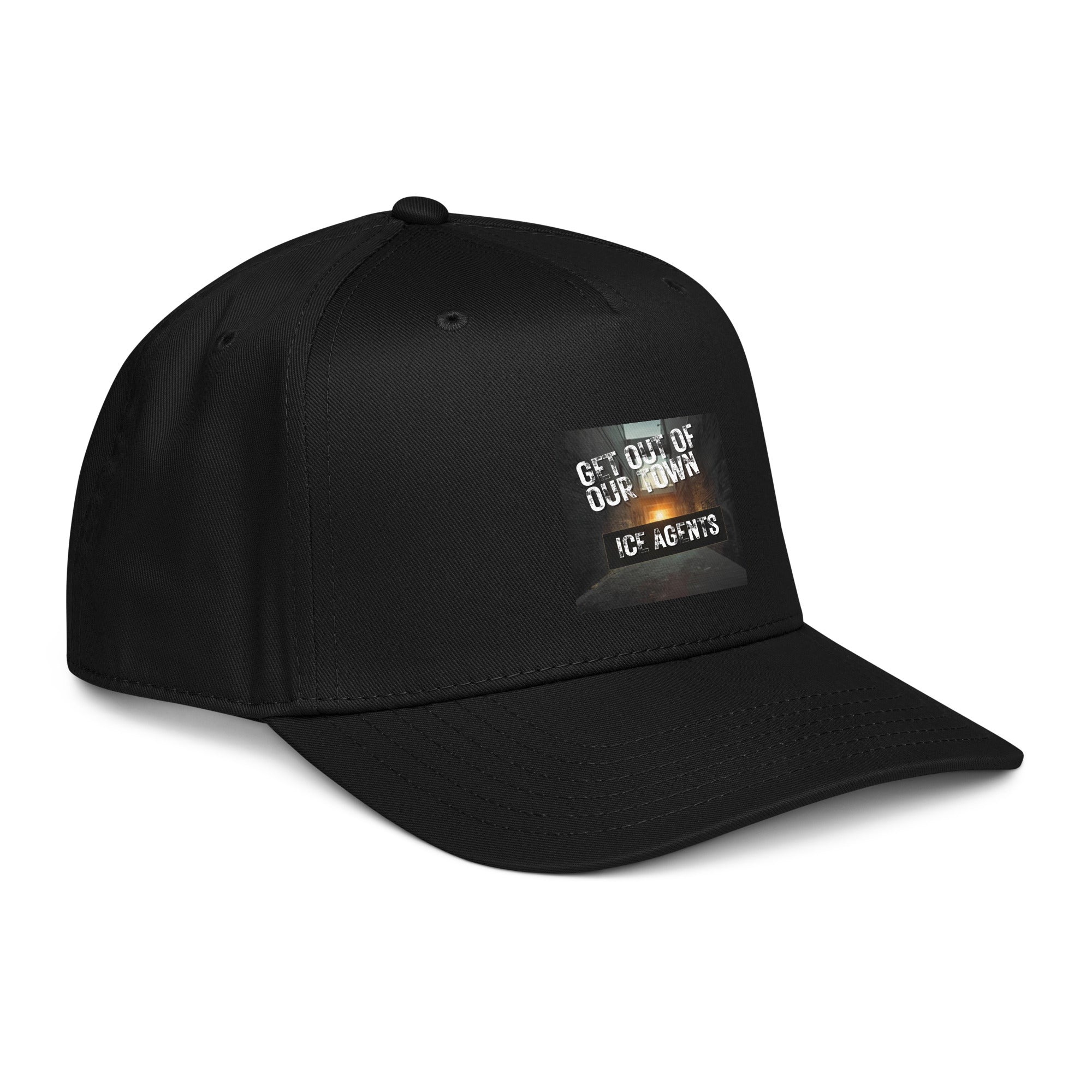 Black 5-panel cap from front side with square “ICE AGENTS” logo
