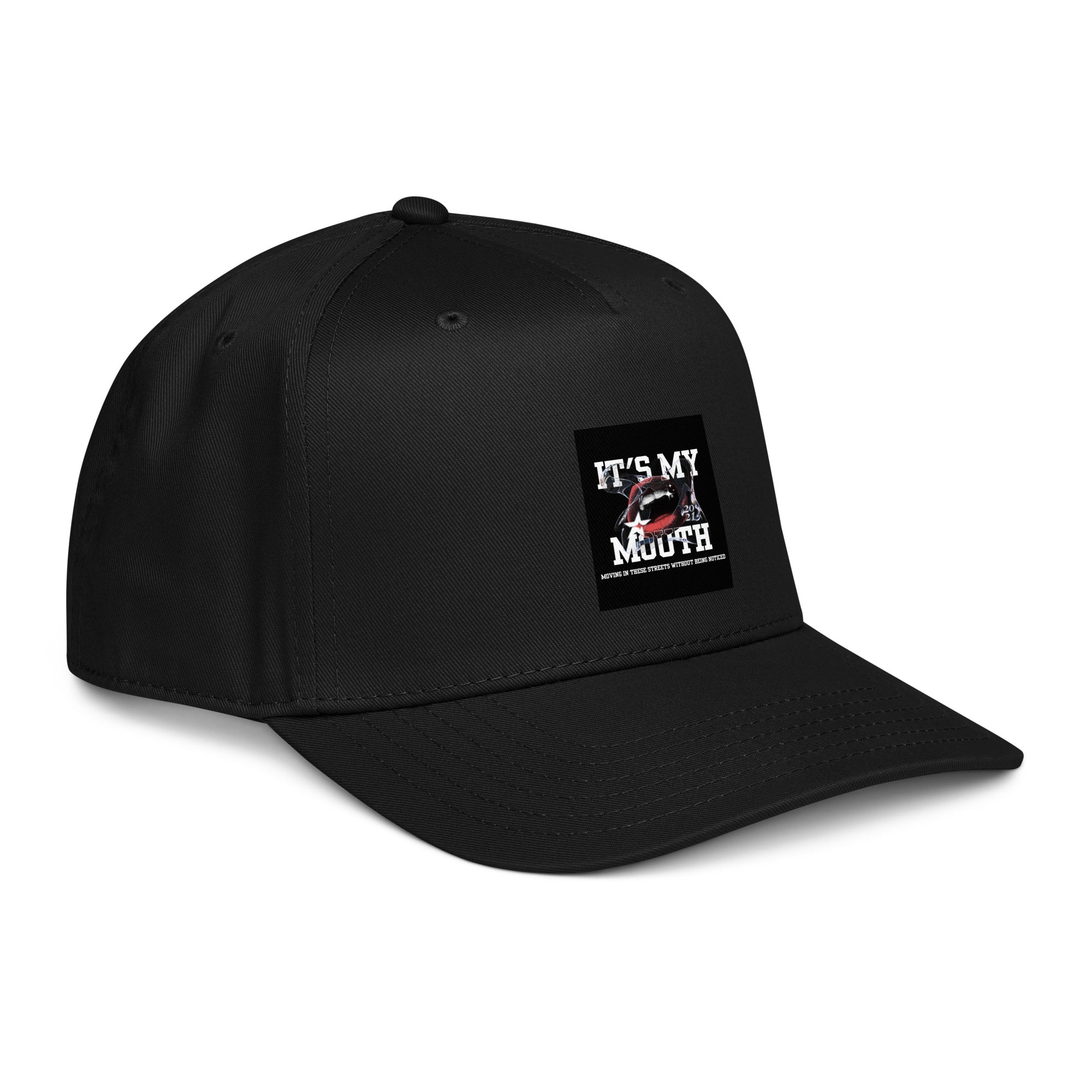 5-panel cap front-quarter view with square logo patch, black