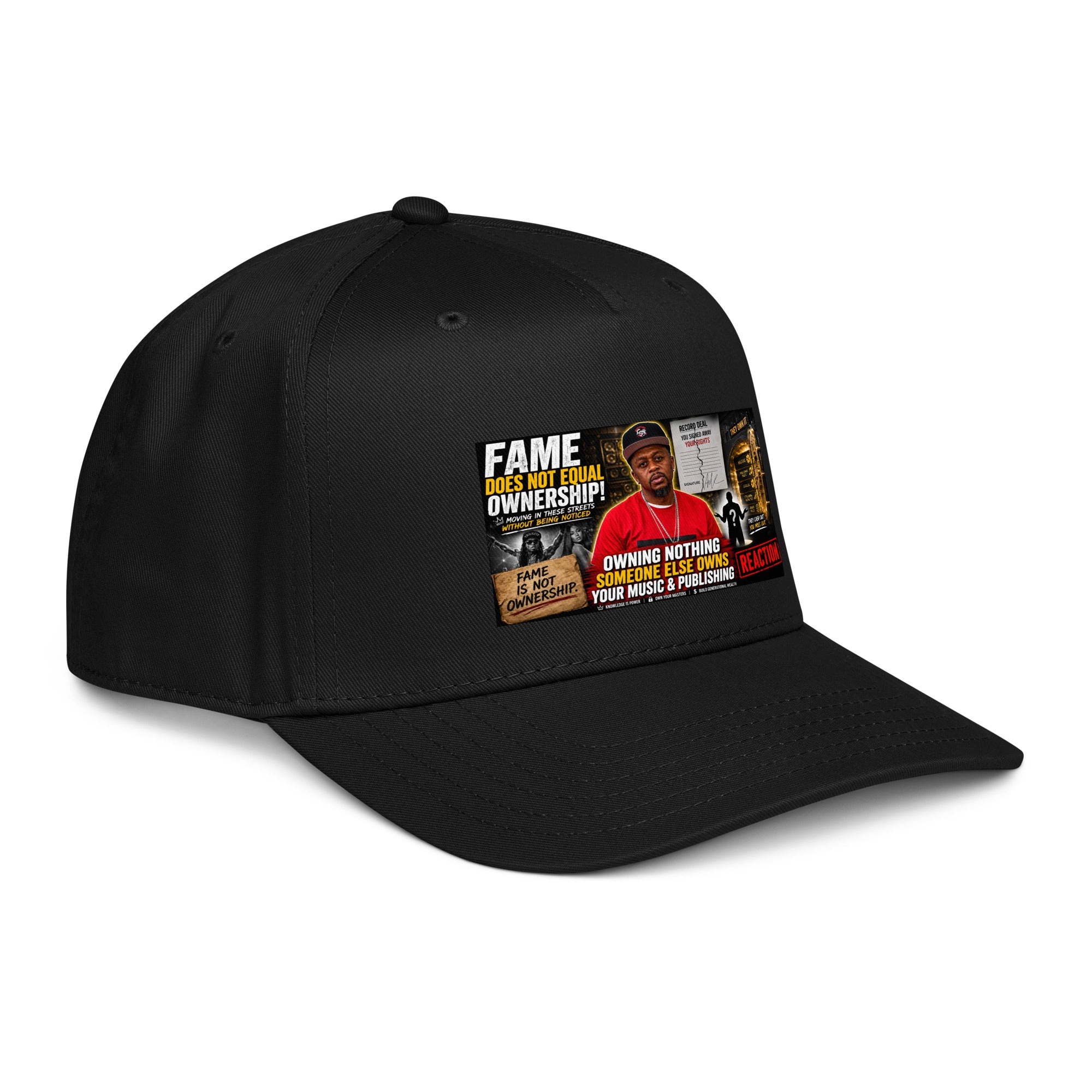 Black 5-panel baseball cap front graphic logo patch with curved brim