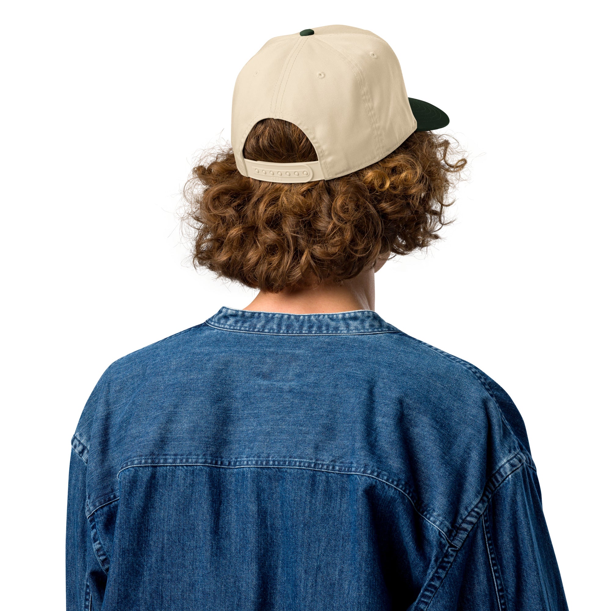 Tan/dark green 5-panel cap, back view with curved brim