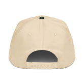 Cream-and-dark-green 5-panel snapback cap, back view with adjustable strap