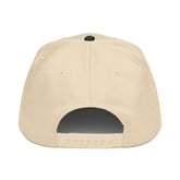 Cream 5-panel cap with dark green snapback button and adjustable back strap