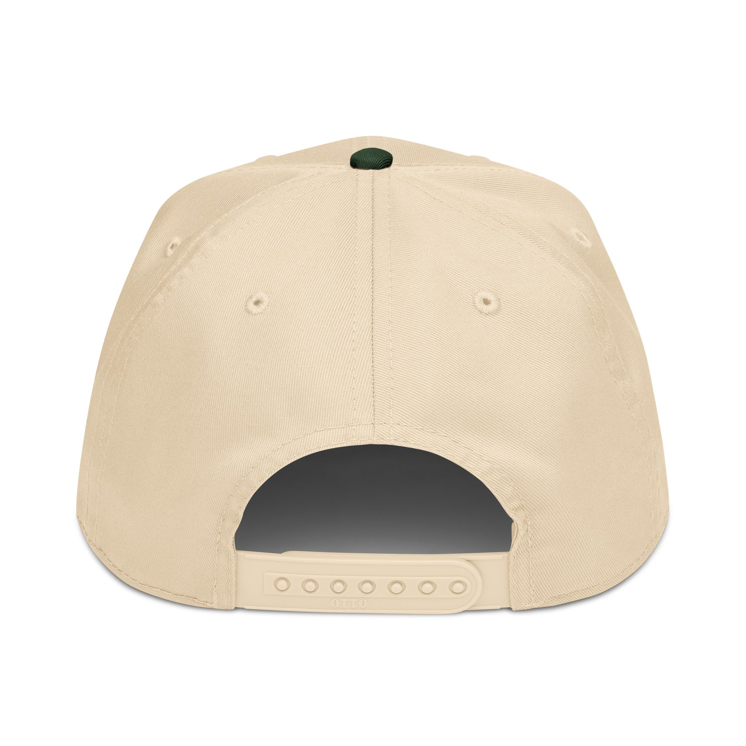 Dark green and natural 5-panel baseball cap back view with curved brim