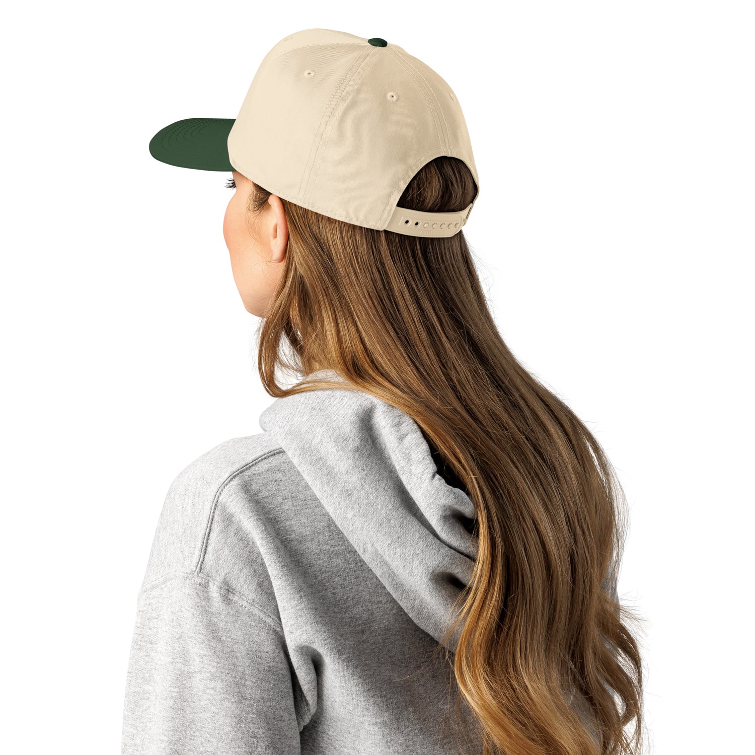 5-panel cap in Dark Green/Natural with green underbrim and snapback strap