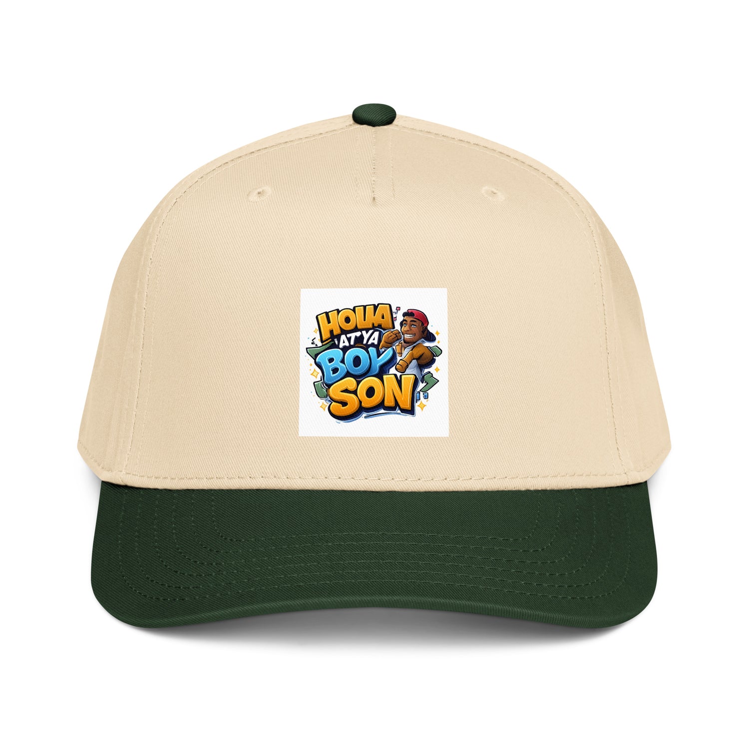 Holla At Ya Boy Son 5-panel cap, tan and dark green panels with front graphic patch