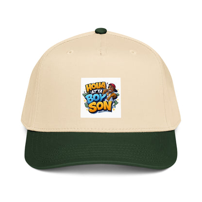 Holla At Ya Boy Son 5-panel cap, tan and dark green panels with front graphic patch