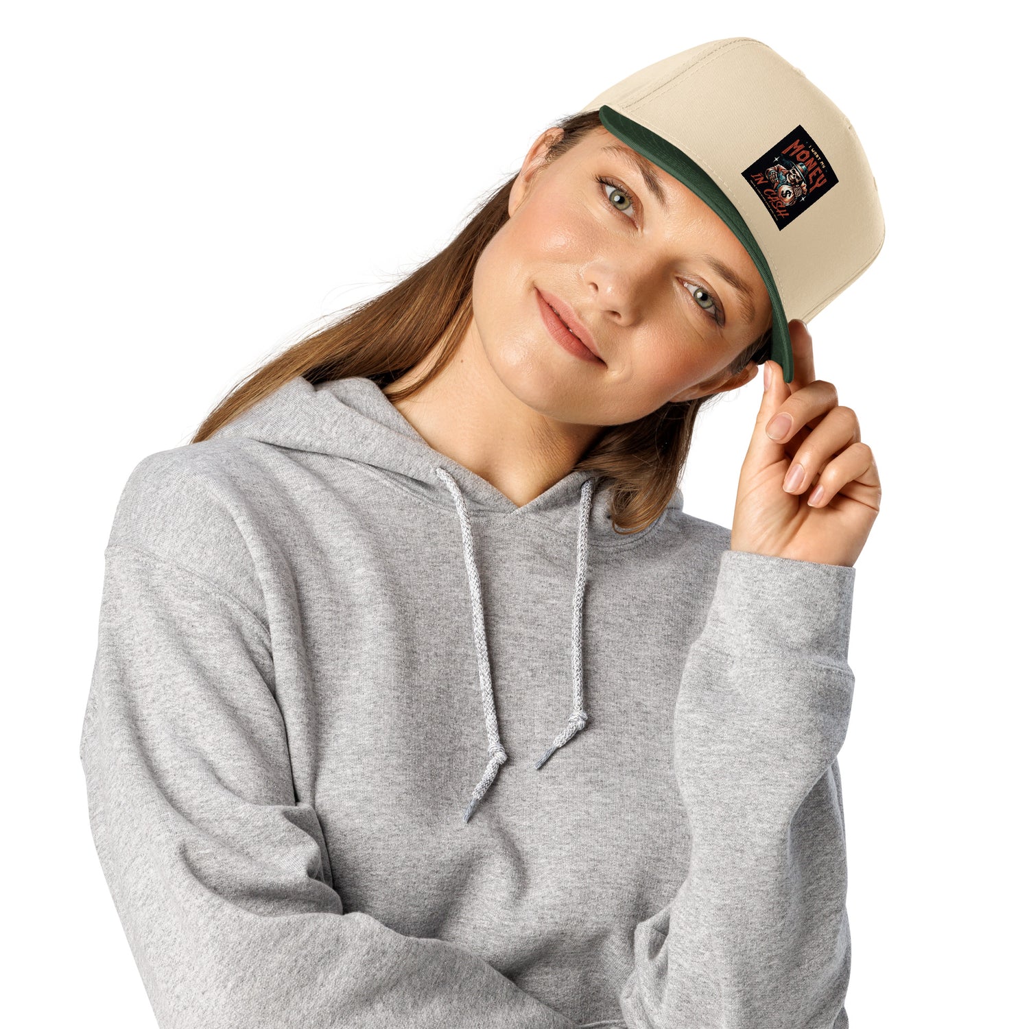 I Want My Money In Cash 5 panel cap, dark green/natural front logo patch