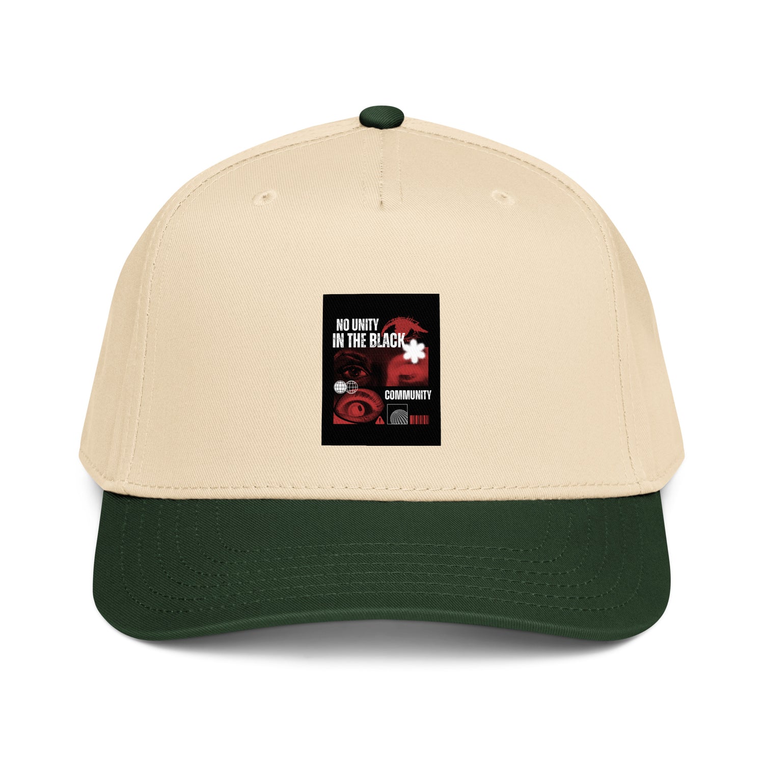 5-panel cap in natural with dark green brim and front graphic patch