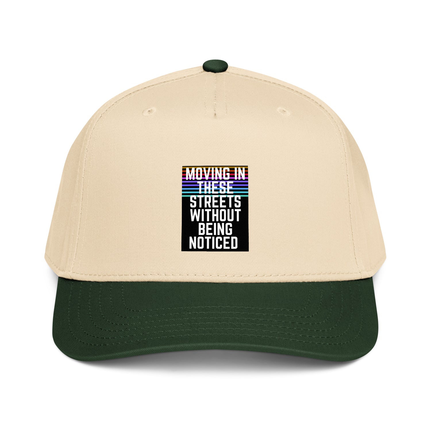 Cream and dark green 5-panel cap with front graphic text