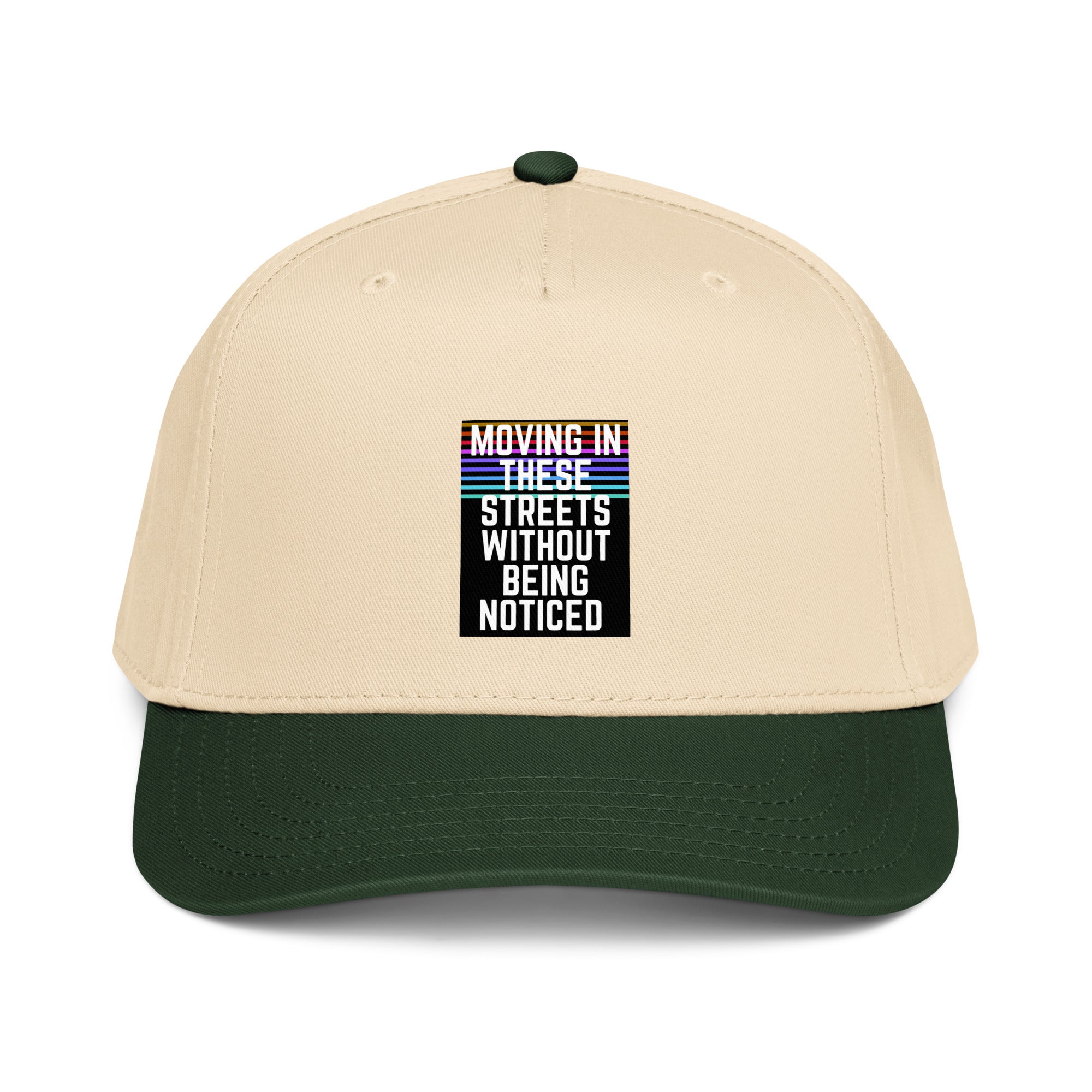 Cream and dark green 5-panel cap with front graphic text