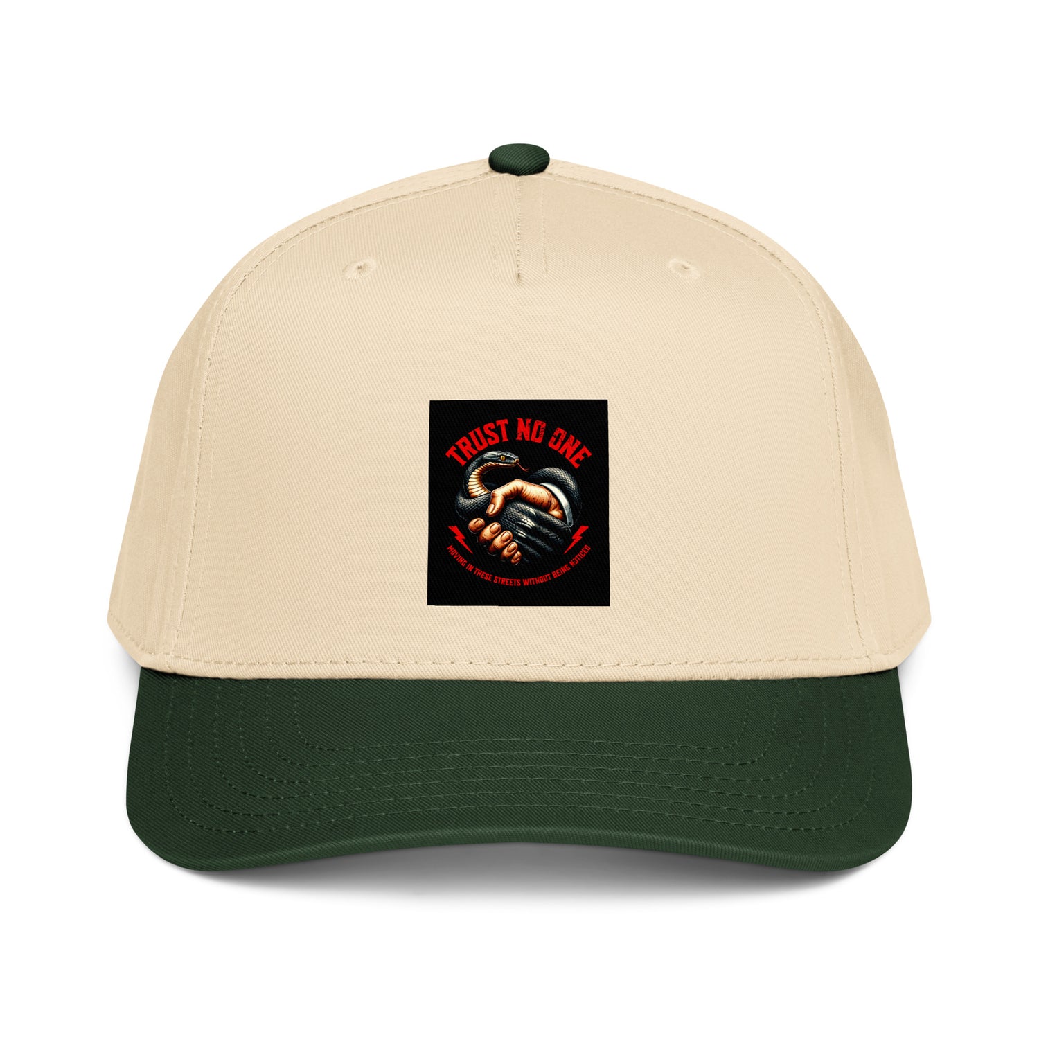 Trust No One 5-panel cap, Dark Green/Natural, front logo patch