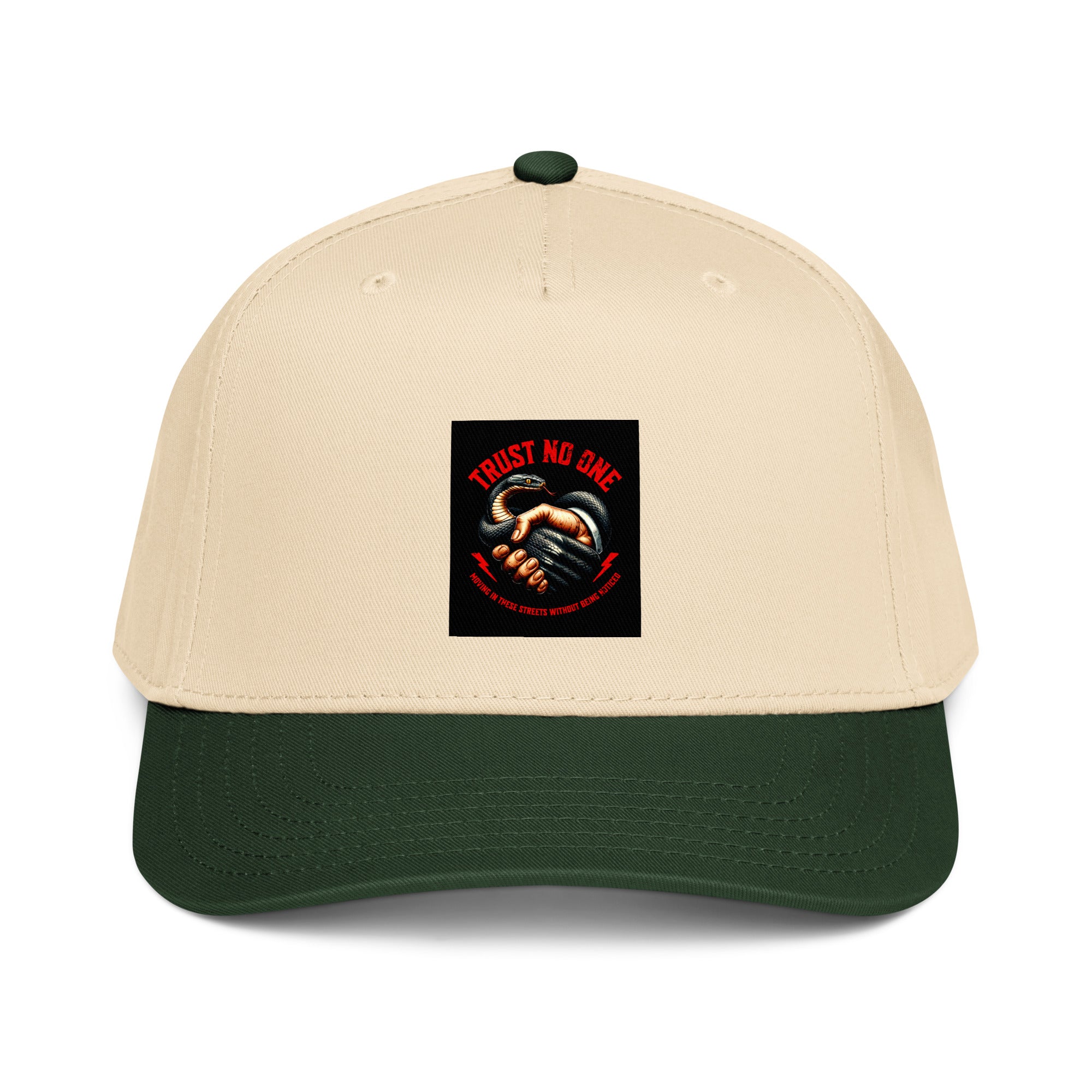Trust No One 5-panel cap, Dark Green/Natural, front logo patch