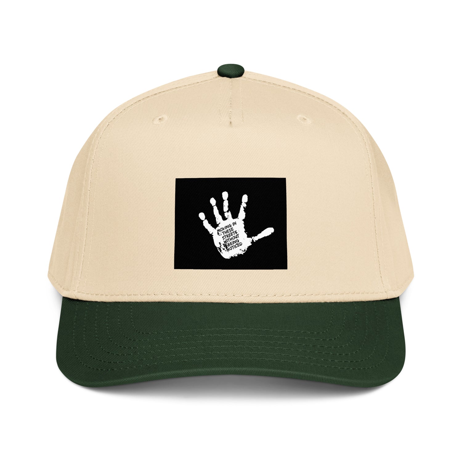5-panel cap in dark green and natural with front logo patch