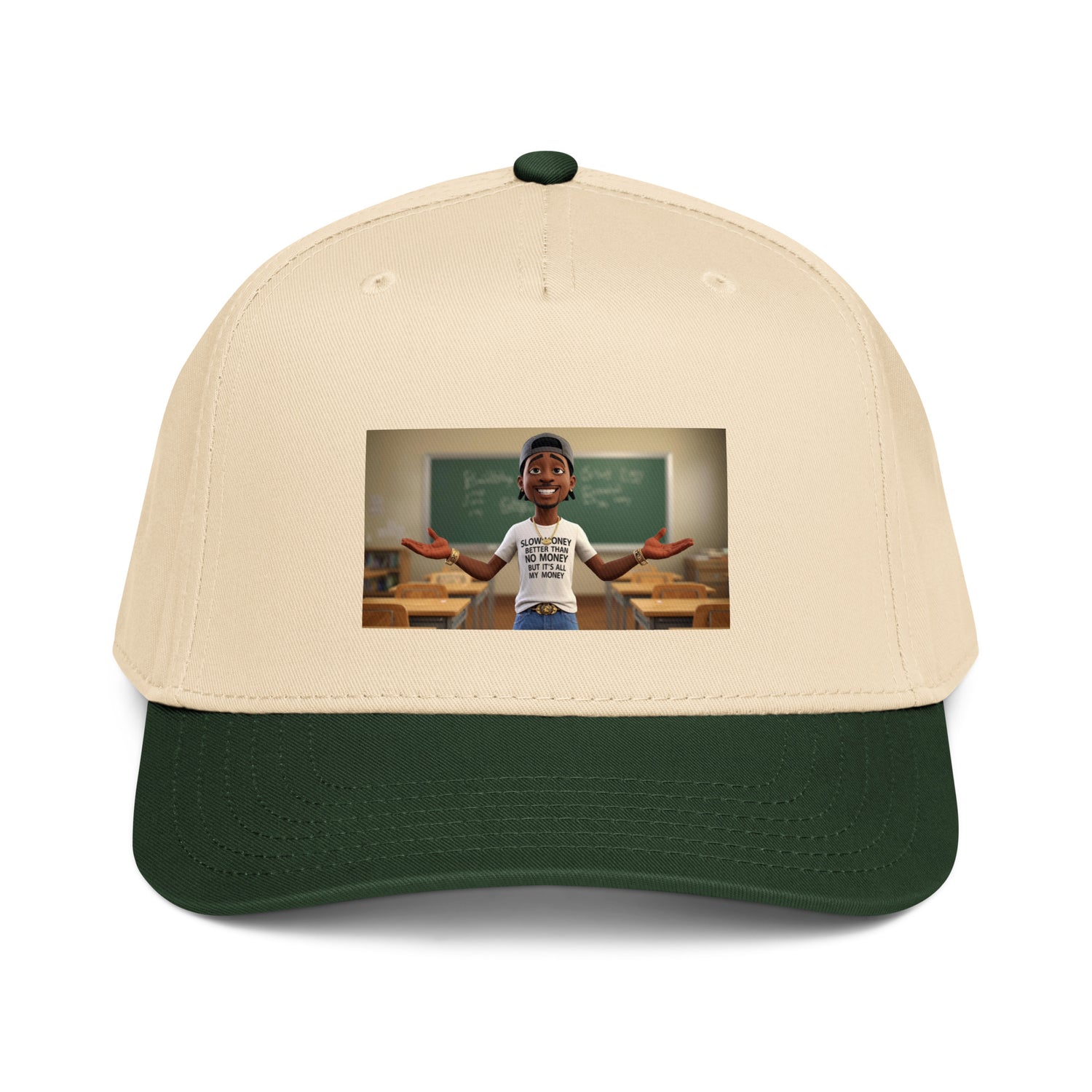 Slow Money Better Than No Money 5-Panel cap (Natural/Dark Green) front graphic