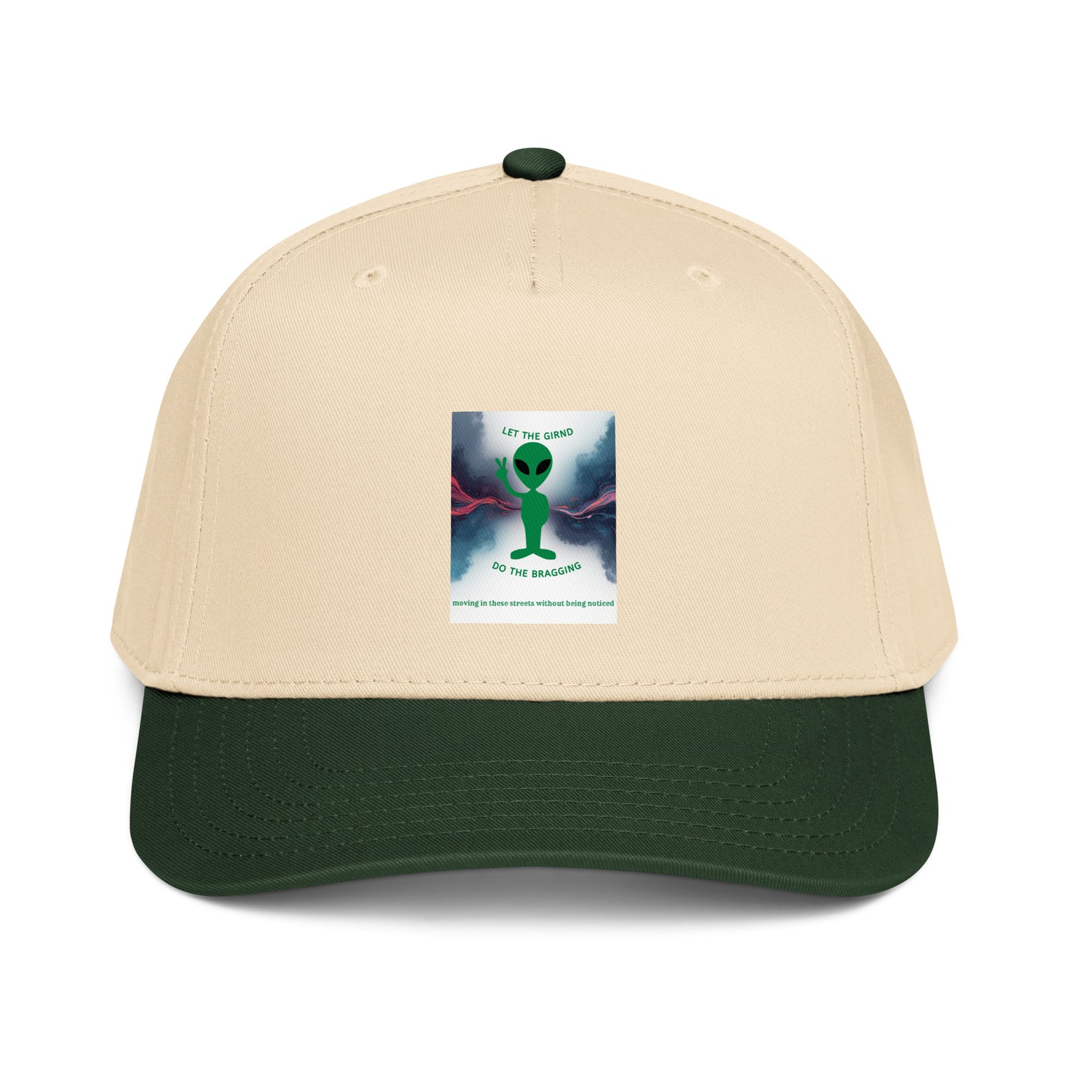 Beige and dark green 5-panel cap with front graphic patch