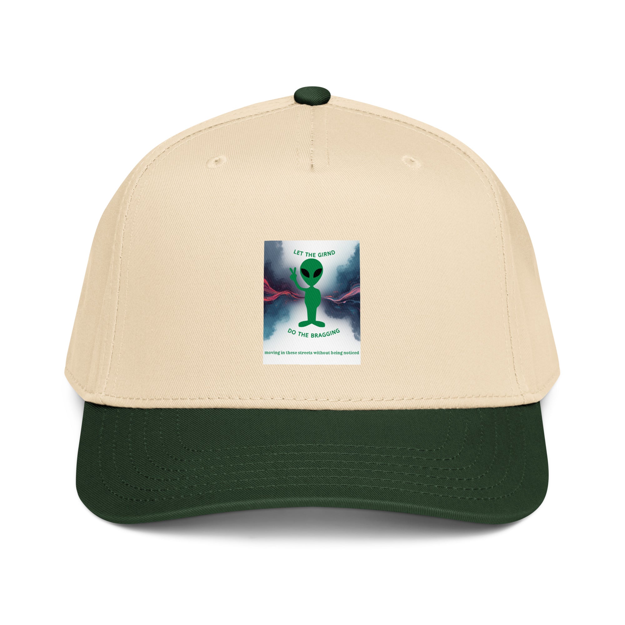 Beige and dark green 5-panel cap with front graphic patch