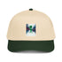 Beige and dark green 5-panel cap with front graphic patch