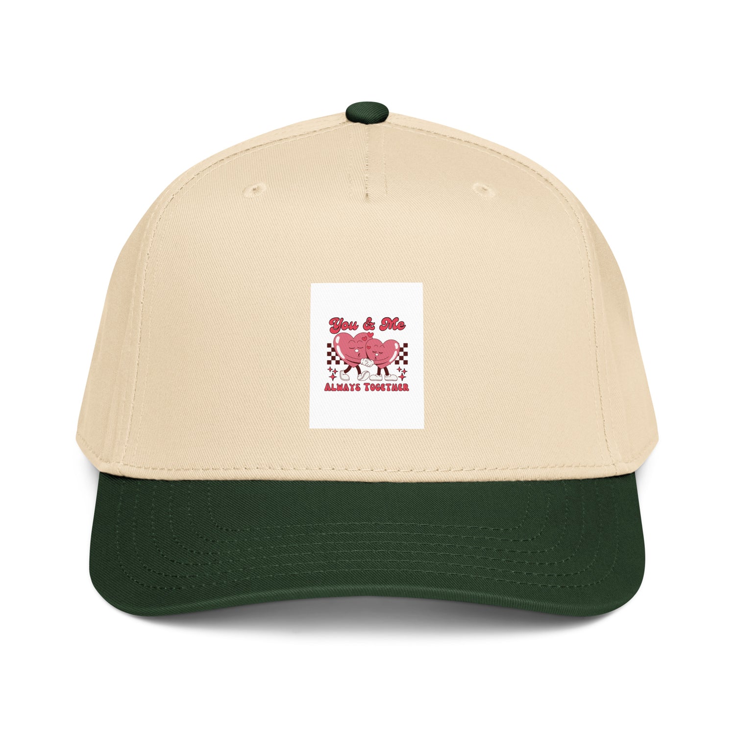 You &amp; Me Always Together 5-panel cap, off-white and dark green front logo patch