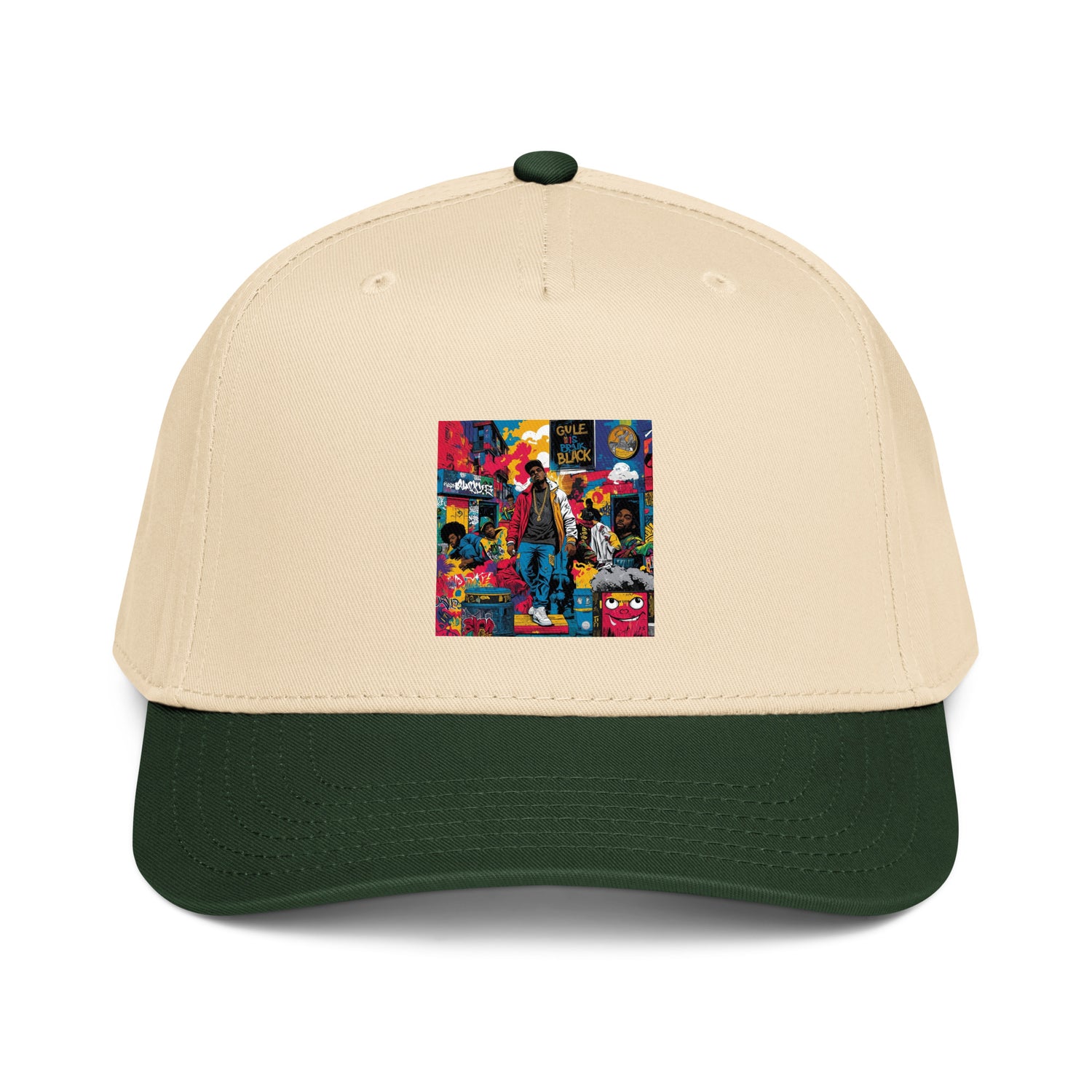 Natural-and-dark-green 5-panel cap with colorful comic graphic front
