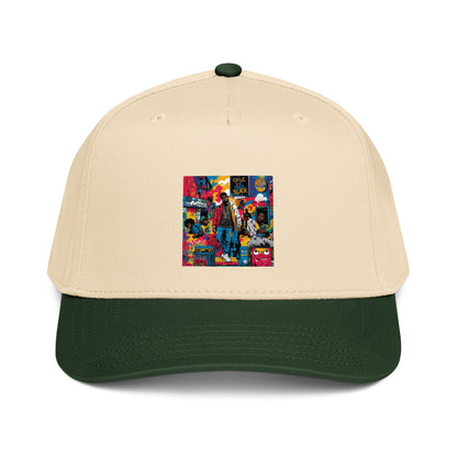 Natural-and-dark-green 5-panel cap with colorful comic graphic front