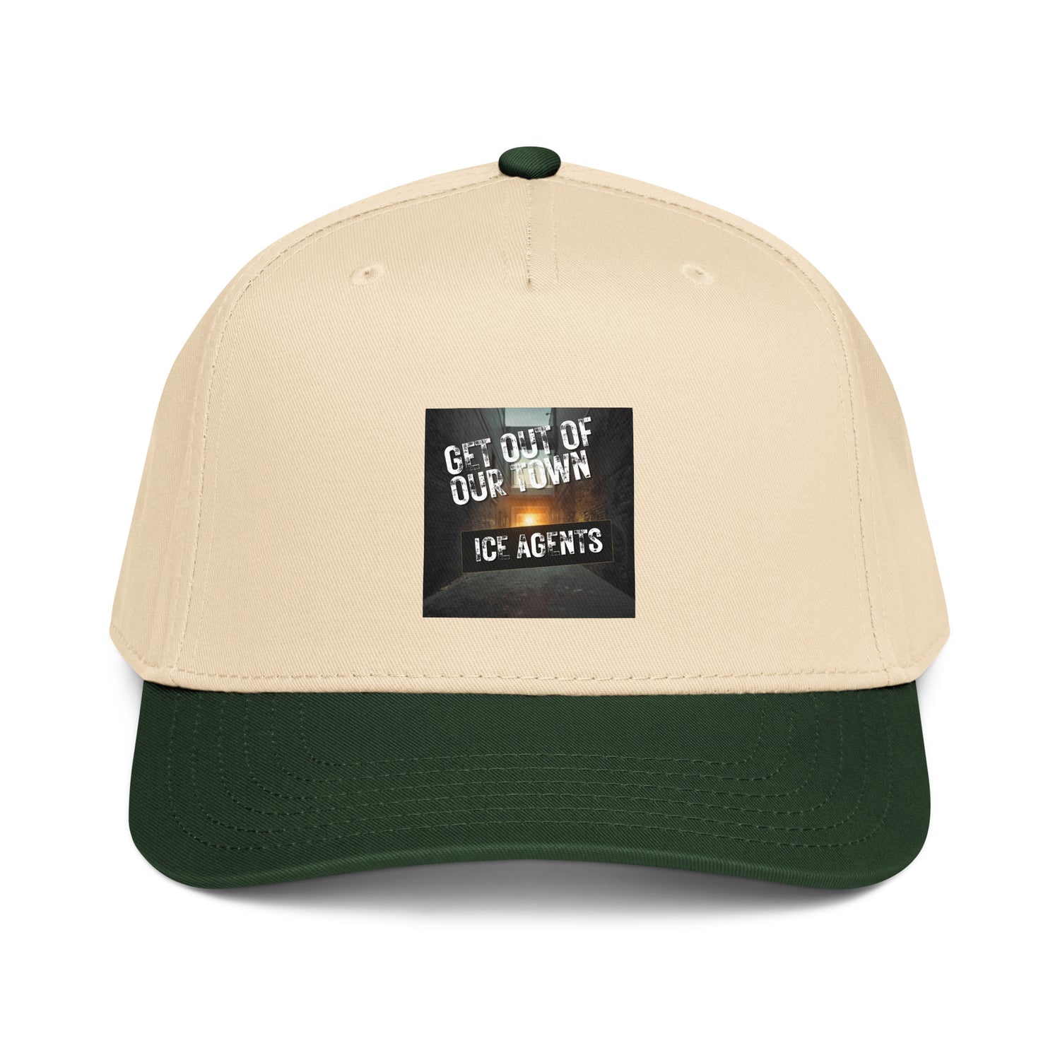 Natural and dark green 5-panel cap with front “ICE AGENTS” graphic